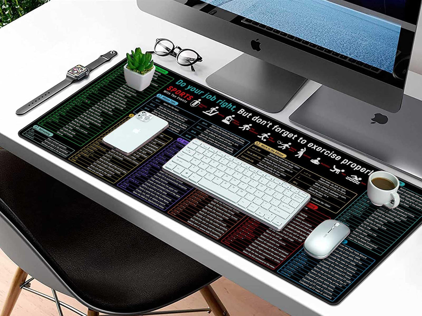 Rinaze Large Mouse Pad with Excel Shortcuts Cheat Sheet Desk Pad, Excel Tips Desk Mat, XXL Gaming Mousepad Keyboard Pad, Office Desk Accessories for Computer, Mac, PC and Laptop