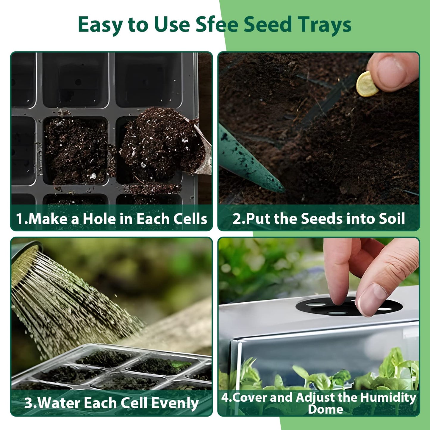 Sfee 10 Pack Seed Starter Tray Kit, 120 Cells Seedling Starter Trays with Humidity Dome and Base Greenhouse Growing Trays, Reusable Seed Germination Seedling Tray with Garden Tools Labels (Black)