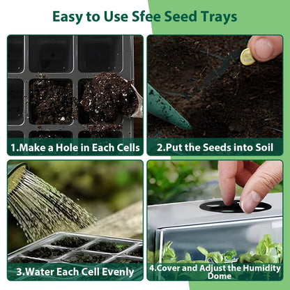 Sfee 10 Pack Seed Starter Tray Kit, 120 Cells Seedling Starter Trays with Humidity Dome and Base Greenhouse Growing Trays, Reusable Seed Germination Seedling Tray with Garden Tools Labels (Black)