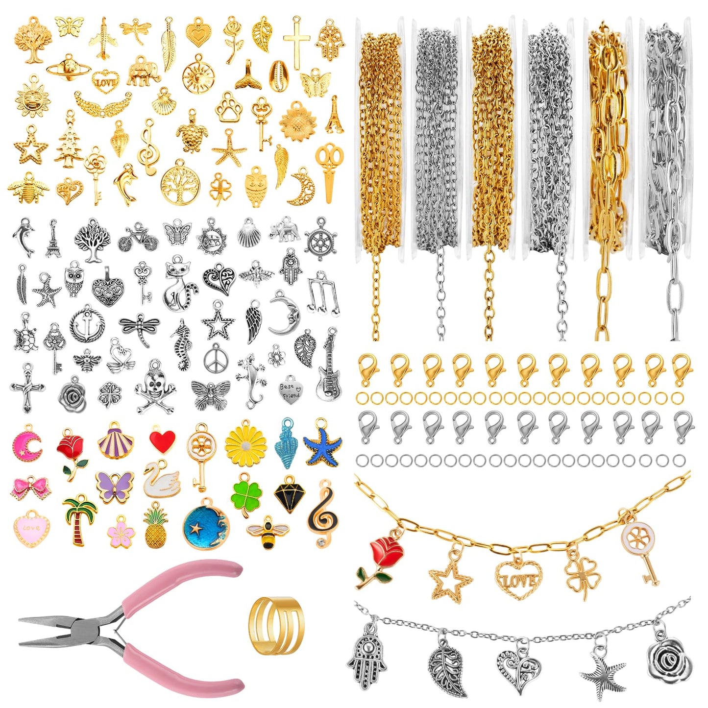 Zefy 18K Gold Silver Chain for Jewelry Making, 19.7ft 6 Rolls Stainless Steel Chains Bulk with 348 Pcs Charms, Jump Rings Lobster Clasps Set for DIY Bracelet Necklace Crafts