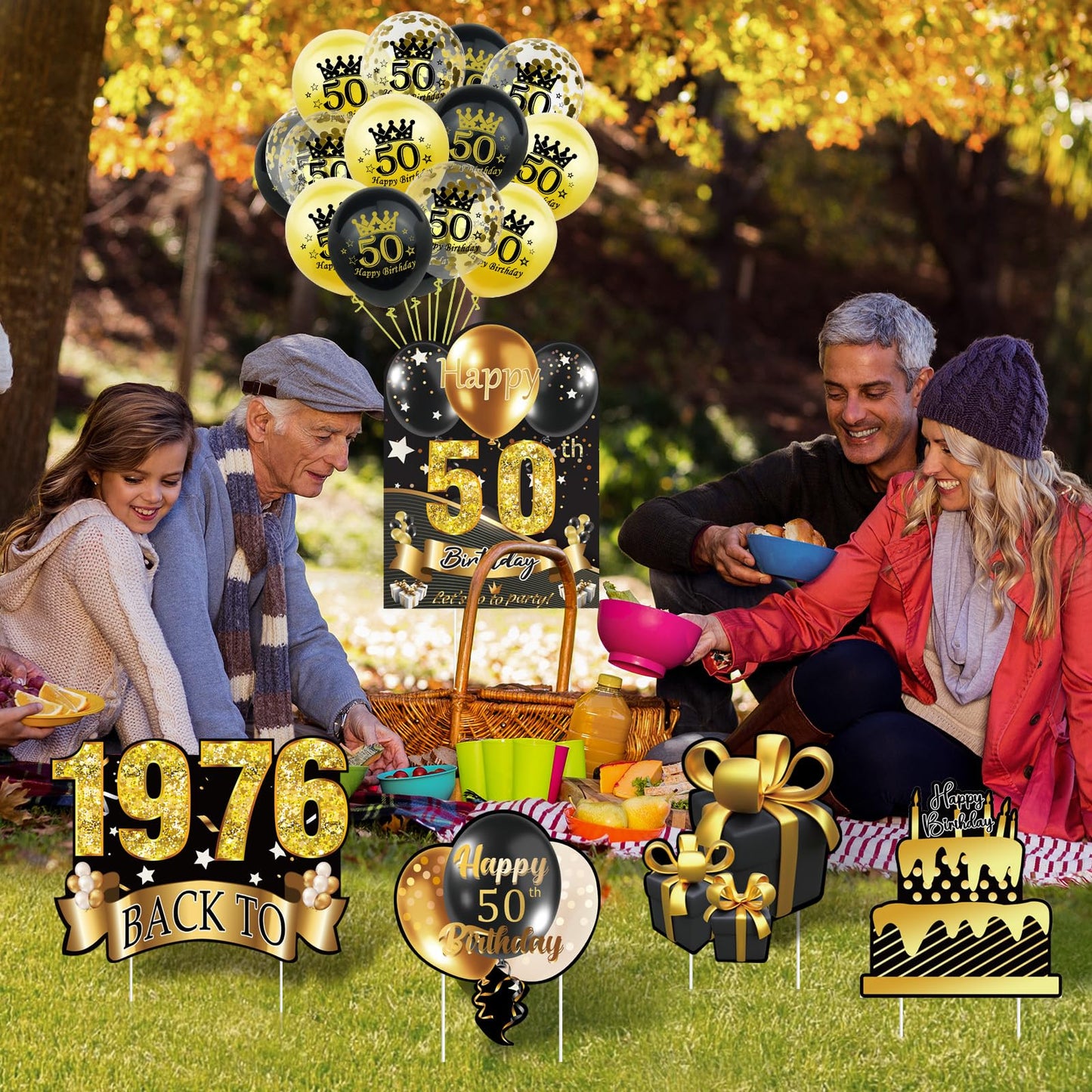 5Pcs 50th Birthday Yard Sign 16" Large Happy Birthday 50th Decorations for Men Women Birthday Party Lawn Signs Decorations with Stakes & 15pc Black Gold 50th Birthday Balloons for 50th Birthday Party