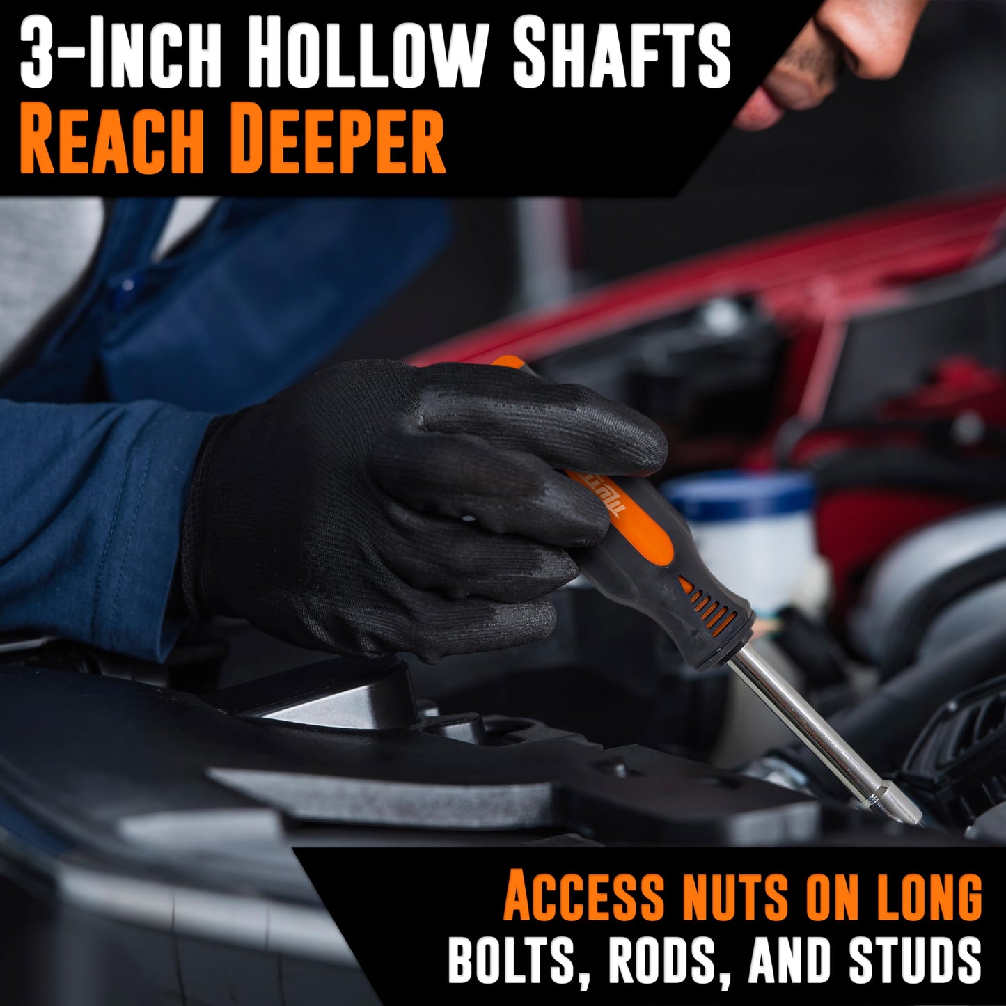 Mutt Tools Professional 7-Piece Hollow Nut Driver Set - 3" Deep Hollow Shaft Nut Driver Set with Pass Through Design - SAE and Metric Sizes - Deep Well Nut Drivers
