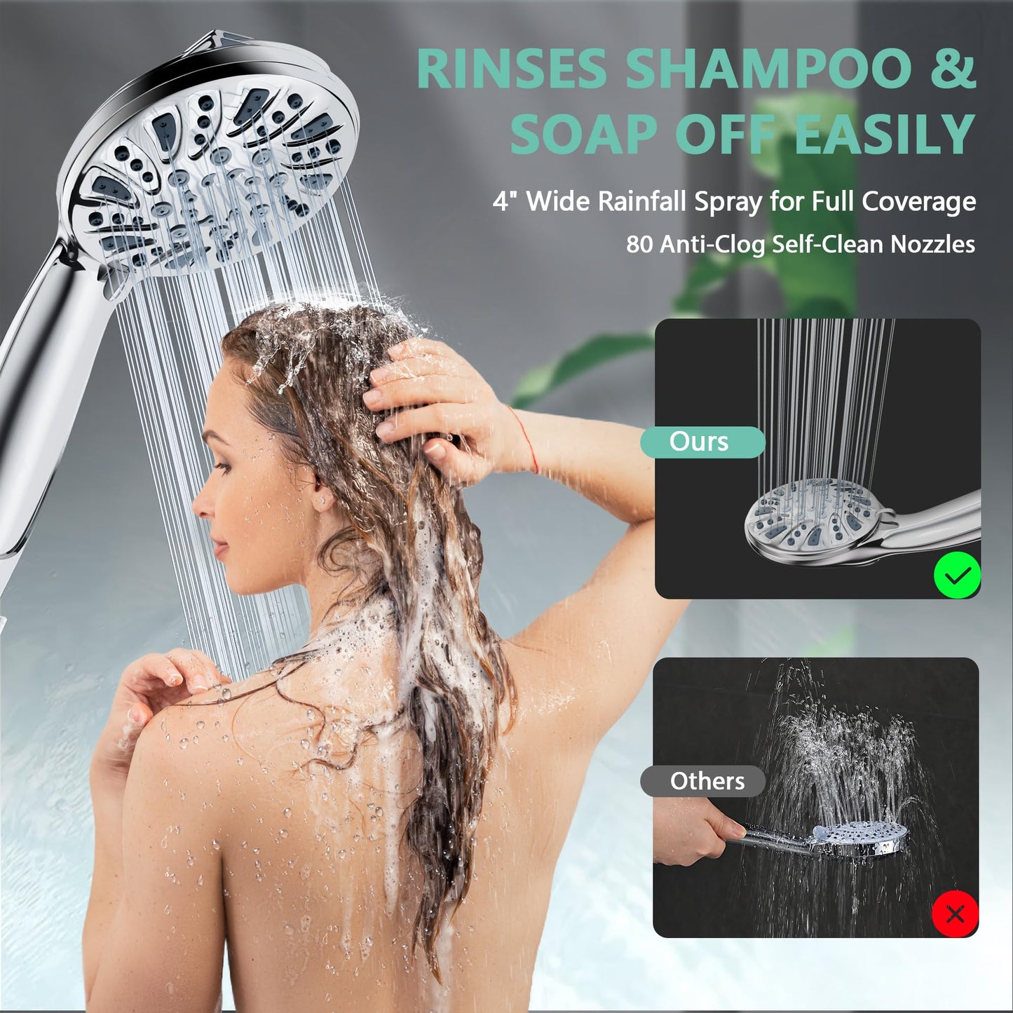 Handheld Shower Head with Hose – 5-Spray High-Pressure Hand Held Shower, Anti-Clog Water-Saving Shower Head, 70" Long Hose, 360° Adjustable Wall Brackets, Easy DIY Install