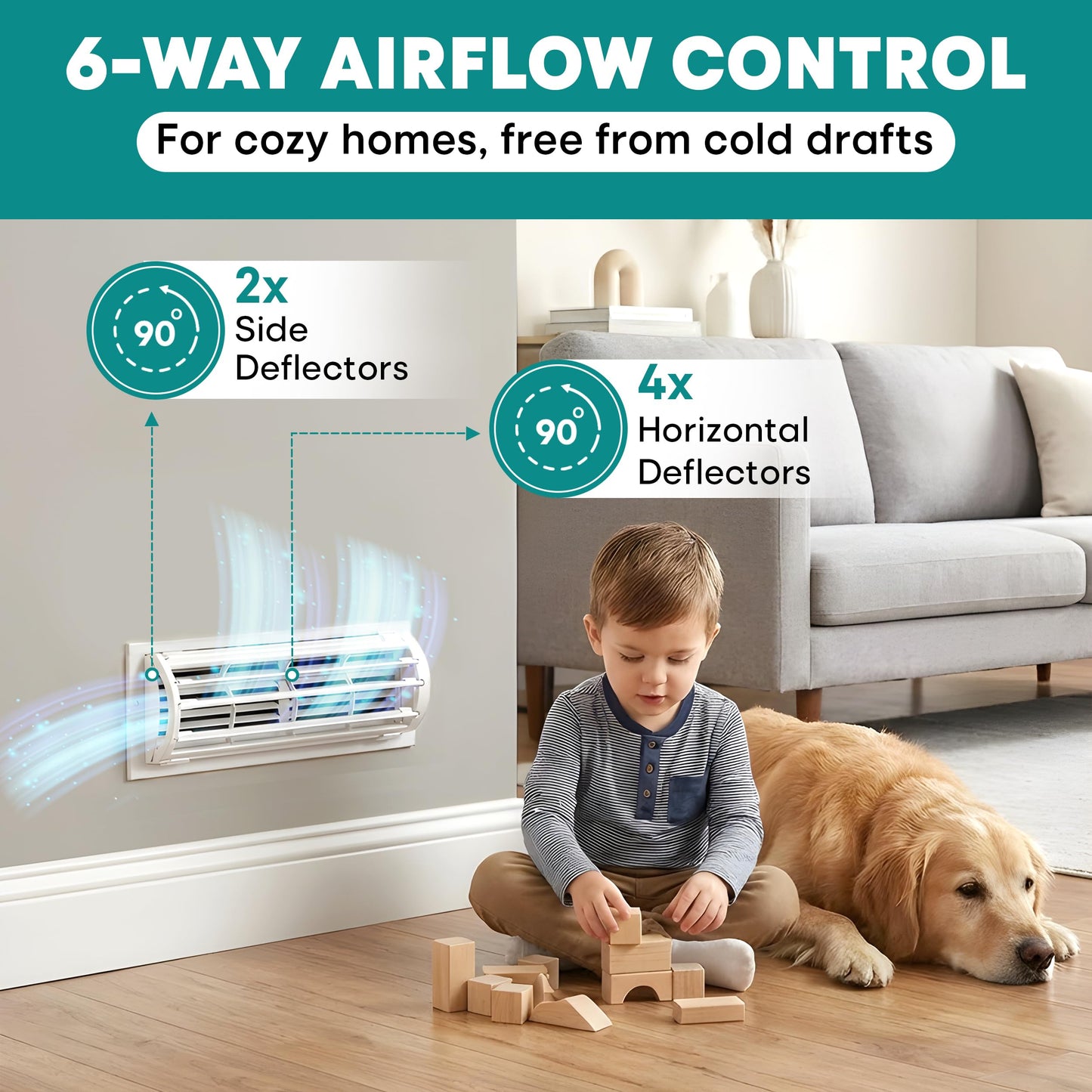Air Vent Deflector with 6-Way Multi-Directional Airflow - 10x4", 2-Pack Heat Register Cover: Magnetic Vent Covers for Home Floor, Air Conditioner Deflector, Heater Diverter for Wall, Ceiling, AC Duct