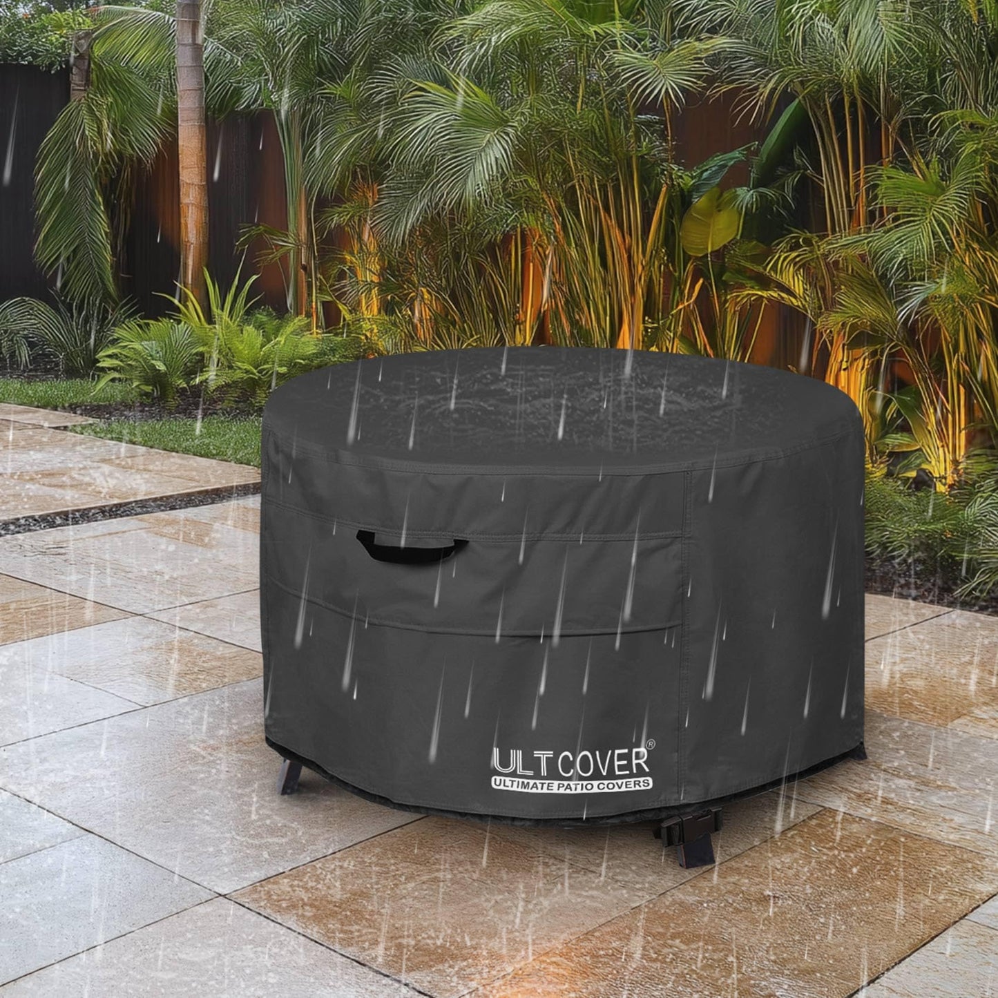 ULTCOVER Patio Fire Pit Table Cover Round 32 inch Outdoor Waterproof Fire Bowl Cover, Black