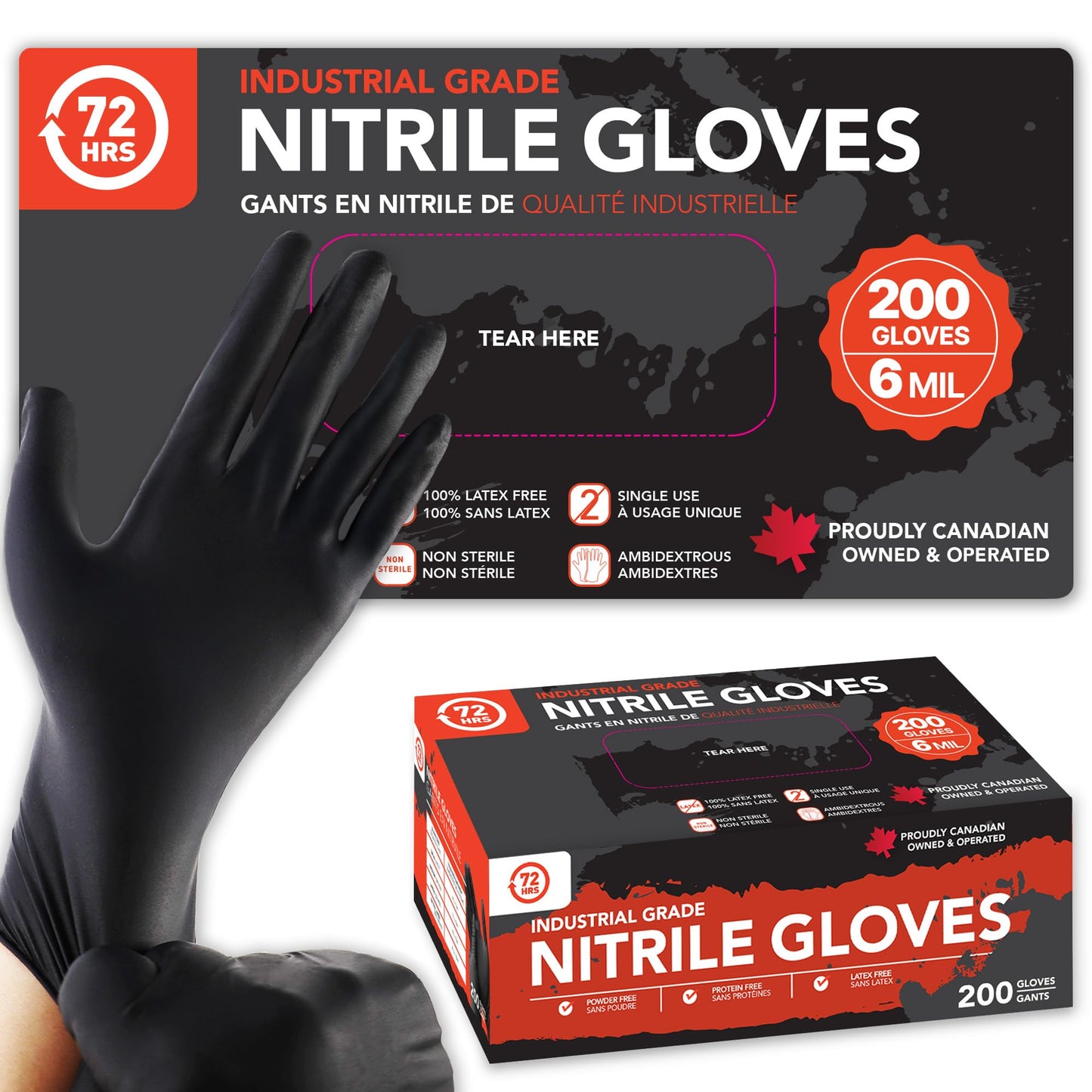 72HRS Industrial Grade Nitrile Gloves - Mechanic Gloves, 6 Mil Nitrile Gloves, Nitrile Black, Automative Gloves (200 Pieces (Medium)