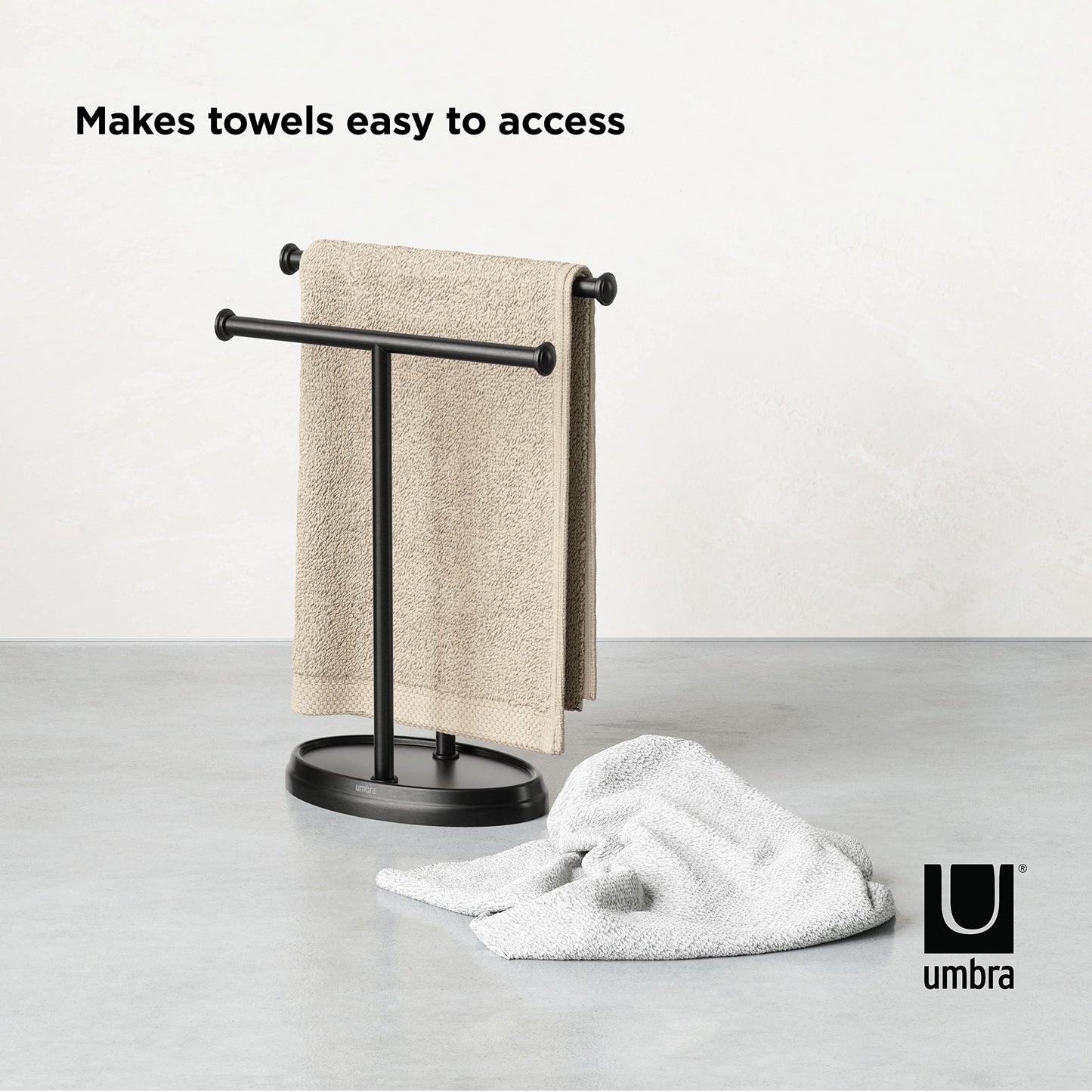 Umbra Palm Double Hand Towel Tree, Brushed Nickel 2 Towels Holder and Accessories Stand for Bathroom Vanities - Slim, Modern, Durable Bars with Base Serves as a Jewelry Tray for Rings