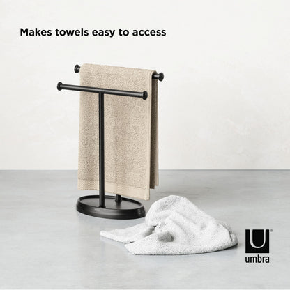 Umbra Palm Double Hand Towel Tree, Brushed Nickel 2 Towels Holder and Accessories Stand for Bathroom Vanities - Slim, Modern, Durable Bars with Base Serves as a Jewelry Tray for Rings