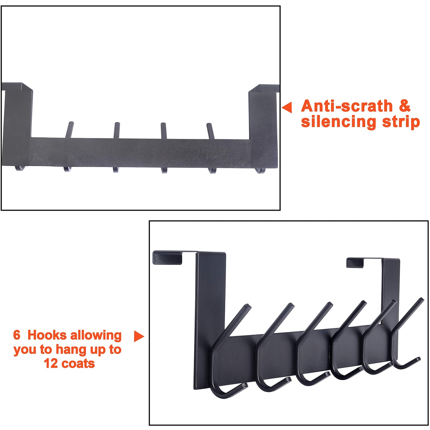SKOLOO Over The Door Hooks for Hanging Coats Towel Key Clothes - 6 Hooks, Over The Door Towel Rack for Bathroom, Stainless Steel Over Door Coat Hook (Square, Black)
