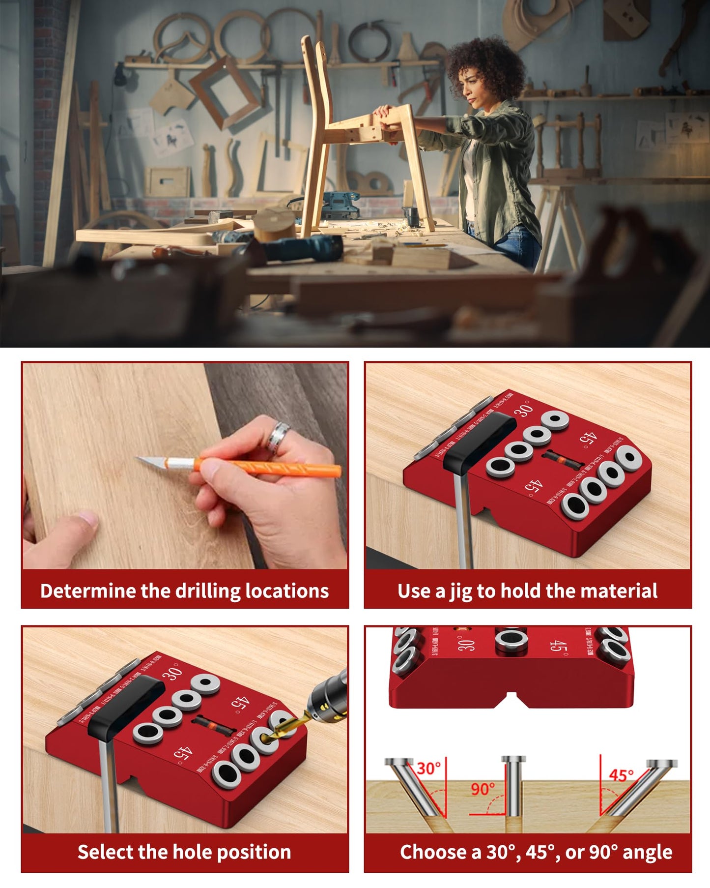VPSUN Angle Drill Guide Jig with 4 Drill Bits, 30°/45°/90° Multi-Angle Drilling Block for Straight and Angled Holes, Woodworking Corner Drill Guide Tool for Handrails, Decks, Railings, DIY Projects