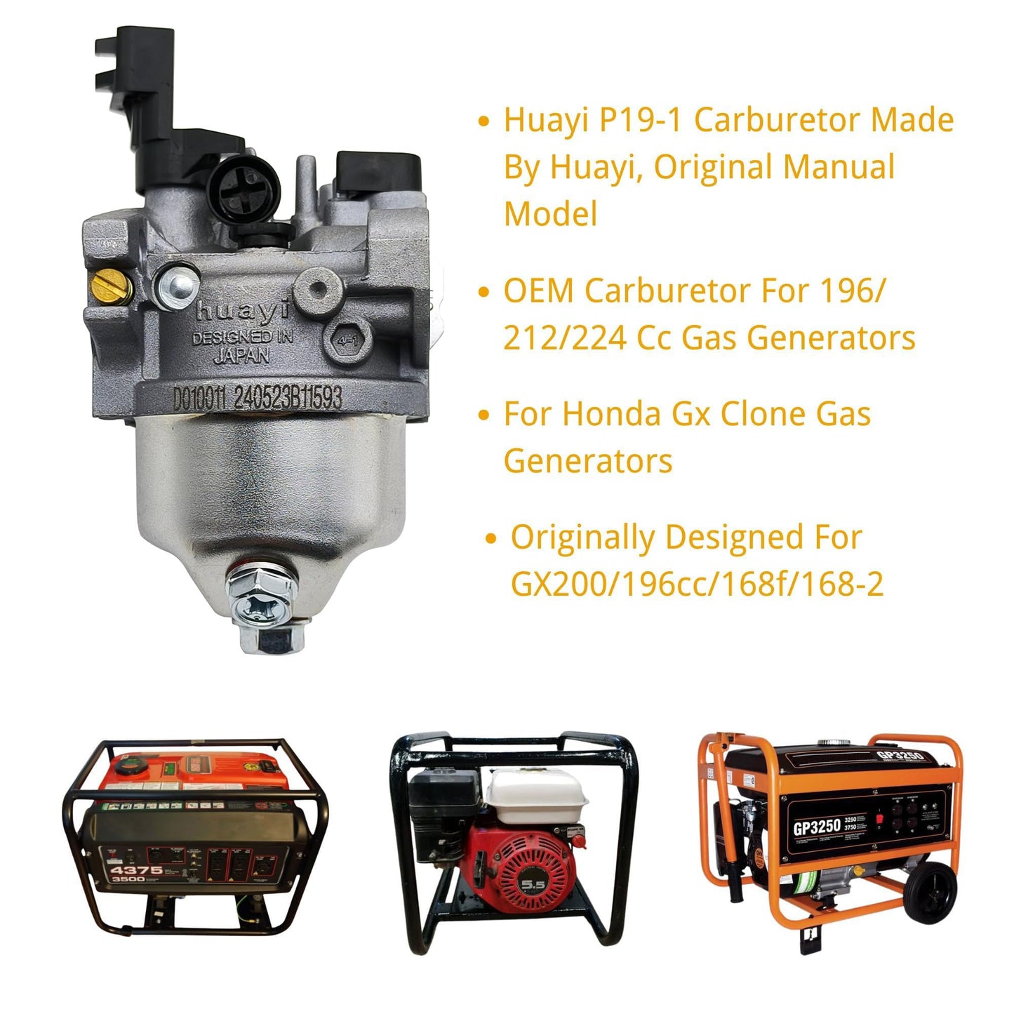 YGQ Huayi P19-1 OEM Generator Carburetor Kit for Champion Predator Honda GX160 Generac 3500 4000 3000 4500 4375 3550 3650 GP 3250 3300 Watt 196cc 208cc 212cc 2cc 2cc cc 2cc