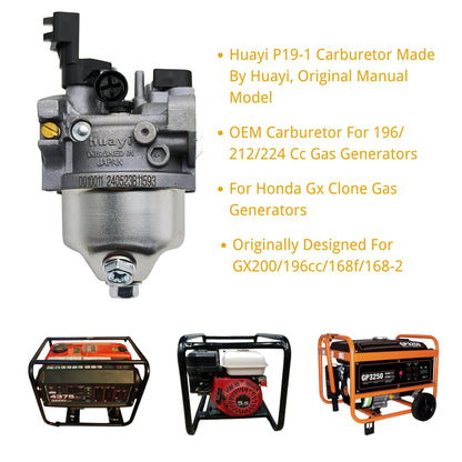 YGQ Huayi P19-1 OEM Generator Carburetor Kit for Champion Predator Honda GX160 Generac 3500 4000 3000 4500 4375 3550 3650 GP 3250 3300 Watt 196cc 208cc 212cc 2cc 2cc cc 2cc