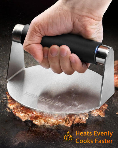 Burger Press with Anti-Scald Handle, 5.8 Inch Stainless Steel Burger Smasher, Round Non-Stick Hamburger Press for Griddle, Griddle Accessories Kit for Flat Grill Cooking, Gift Package