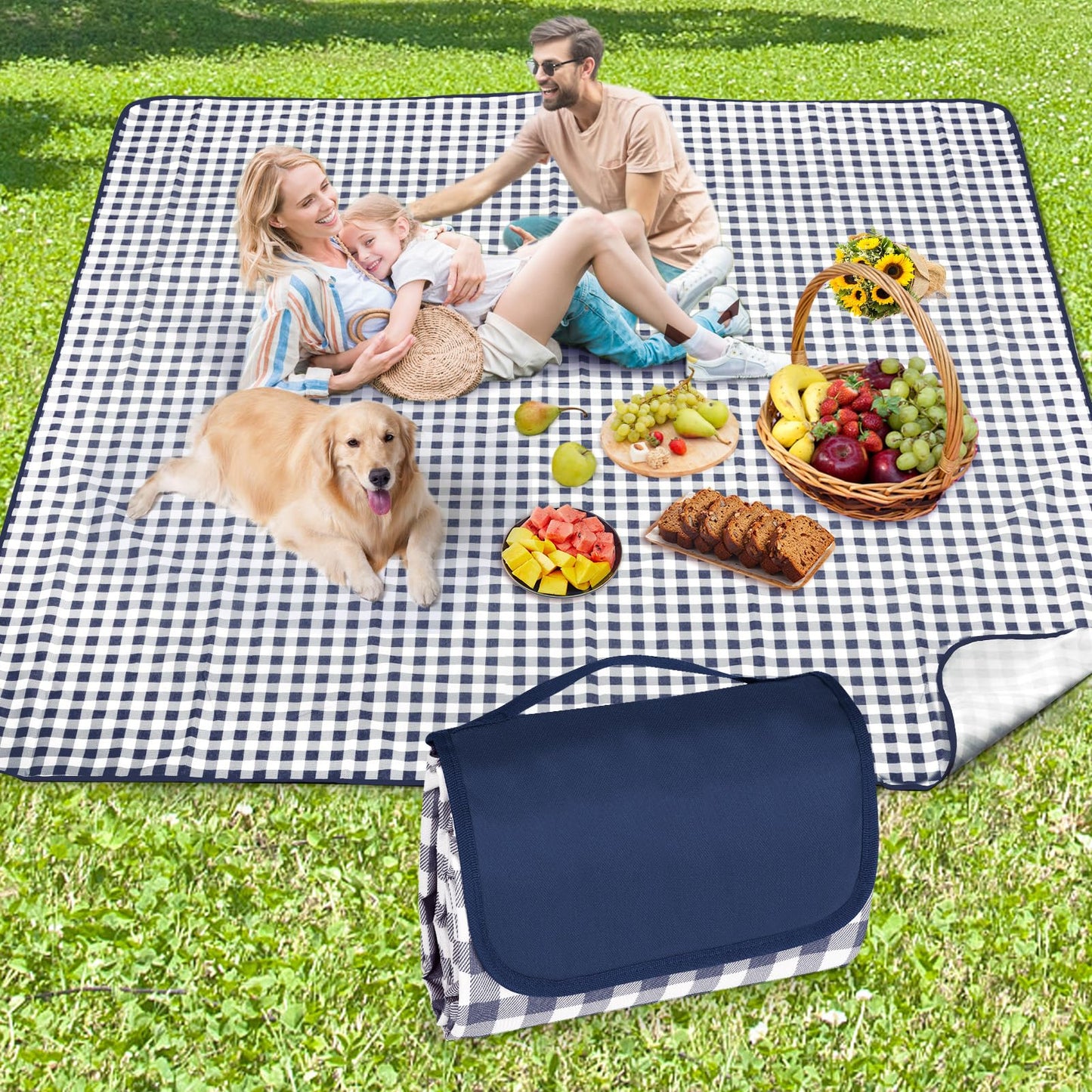 Anyiner Picnic Blanket Waterproof, 79"x79" Picnic Mat Camping Blanket, Sandproof Machine Washable with Carrying Handle for Outdoor Camping Beach Family Picnic (Blue)