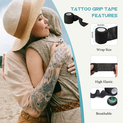 WZPB Tattoo Grip Tape - 24 Pack Grip Wrap Cover Disposable Tape Self-Adhesive Bandage Grip Tape for Tattoo Machine 2" x 5 Yards Black