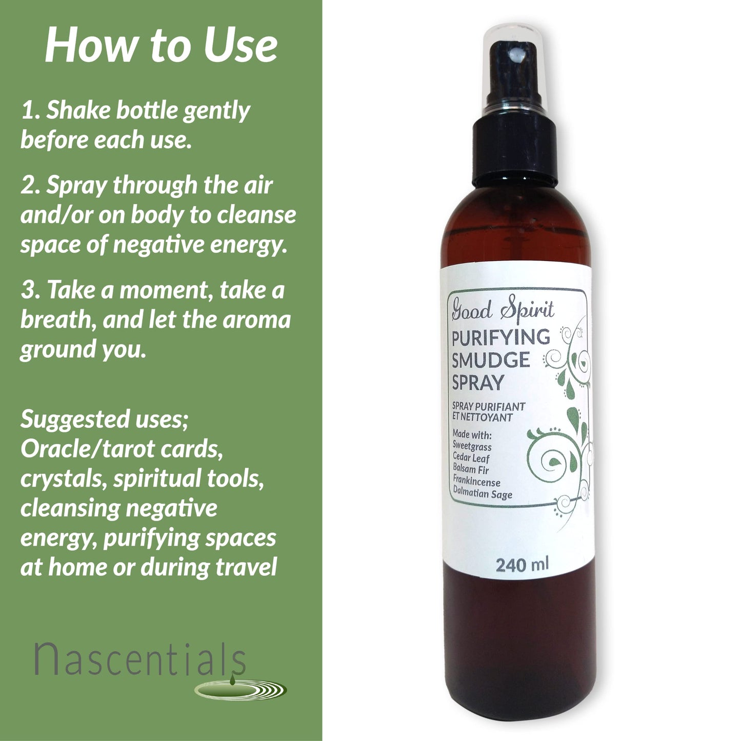 Smudging Spray by Nascentials 240ml | Sweetgrass, Cedar Leaf, Balsam Fir, Frankincense & Dalmatian Sage | Bonus 60ml Travel Size | Spray to Cleanse Spaces and Energy | Made with Pure Essential Oils