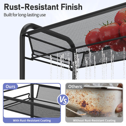 TOOLF 3-Tier Metal Rolling Cart, Mesh Wire Easy Assemble Utility Cart, Storage Trolley on Wheels with 3 Hooks, MetalStorage Shelving Units for Kitchen Bathroom Laundry Room
