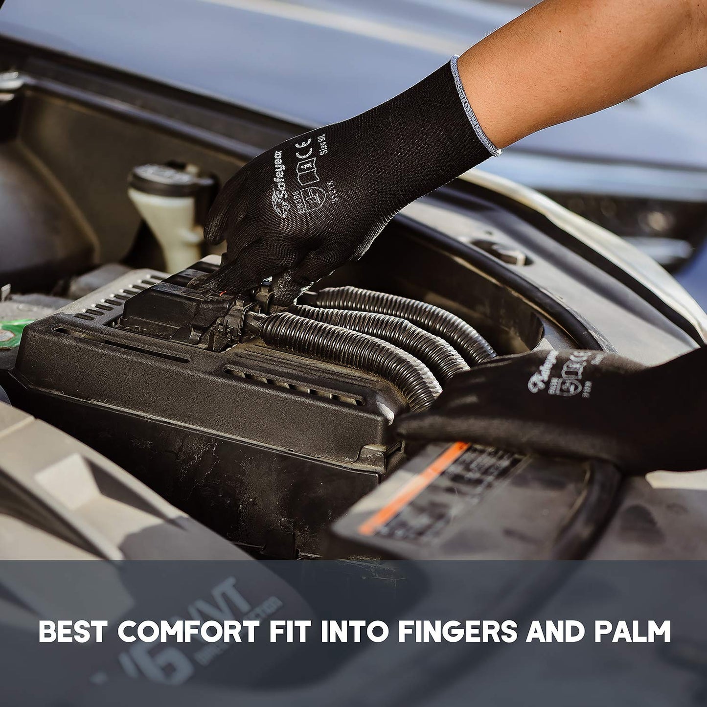 SAFEYEAR 12 Pairs PU Coated Work Gloves for Cleaning, Automobile Assembly, Precision Operation and More (Black L)