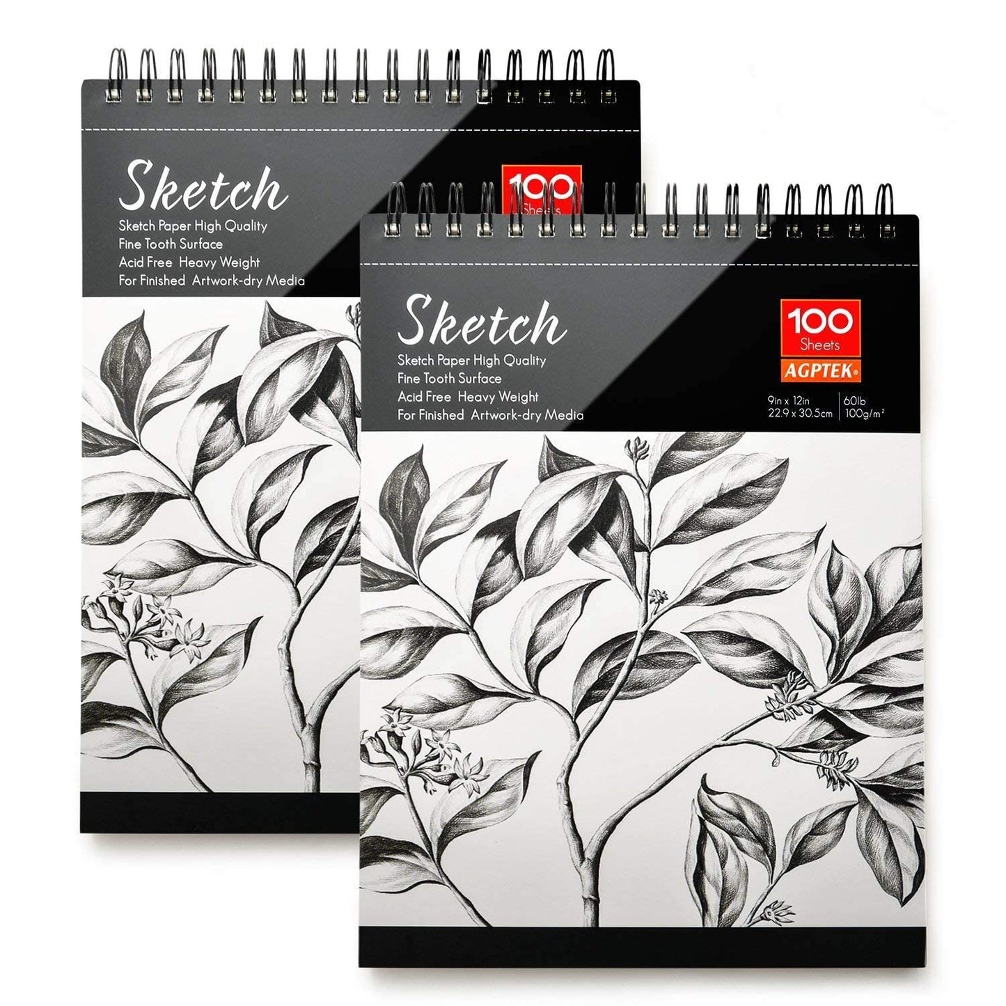 2 Pack Sketch Books, AGPtEK Art Drawing Pad, Drawing Paper 9 X 12 inch, 100 Sheets in Each Pack, 60lb/100g，Ideal for Watercolor, Acrylic Art, Sketching and Noteboo2 Pack Sketch Books