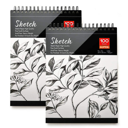2 Pack Sketch Books, AGPtEK Art Drawing Pad, Drawing Paper 9 X 12 inch, 100 Sheets in Each Pack, 60lb/100g，Ideal for Watercolor, Acrylic Art, Sketching and Noteboo2 Pack Sketch Books