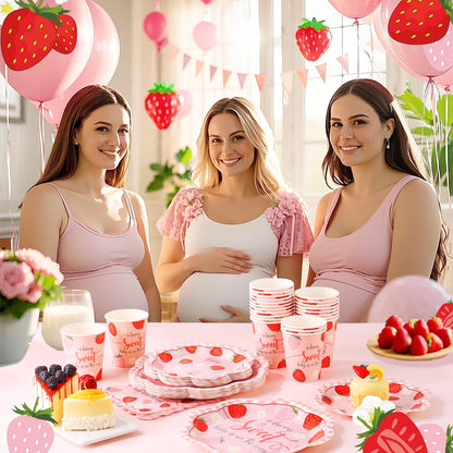 Gudvilla Strawberry Baby Shower Decorations for Girl, Baby Shower Plates and Cups and Napkins Sets Serves 24, Strawberry Plates, A Berry Sweet Baby Is On The Way Decorations, Berry Sweet Party