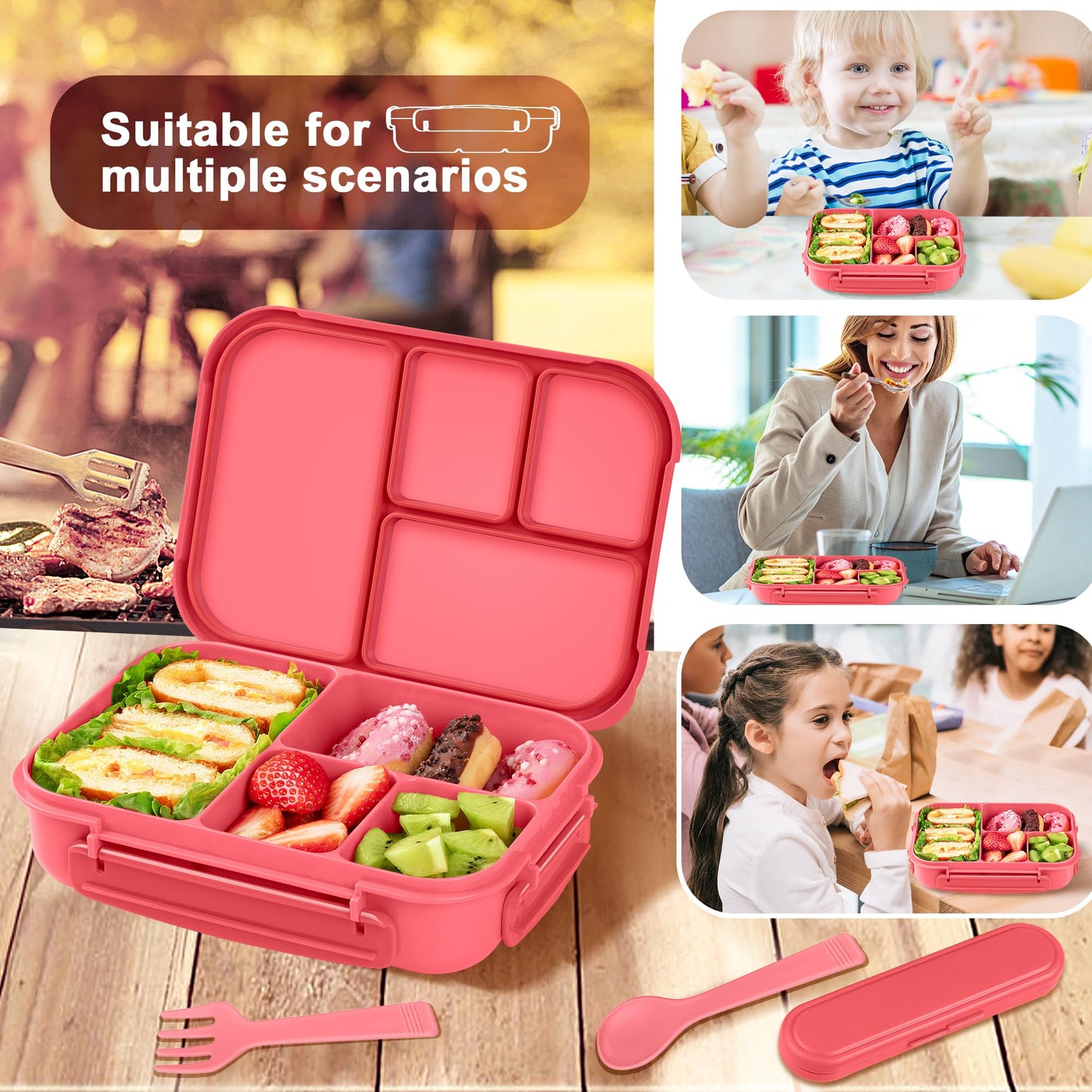 Amathley Lunch Box Kids,Bento Box Adult Lunch Box,Leakproof Lunch Containers for Adults/Kids/Toddler,1200ML-4 Compartments bento Lunch Box with Utensil,Microwave & Dishwasher Safe (Pink Berry)