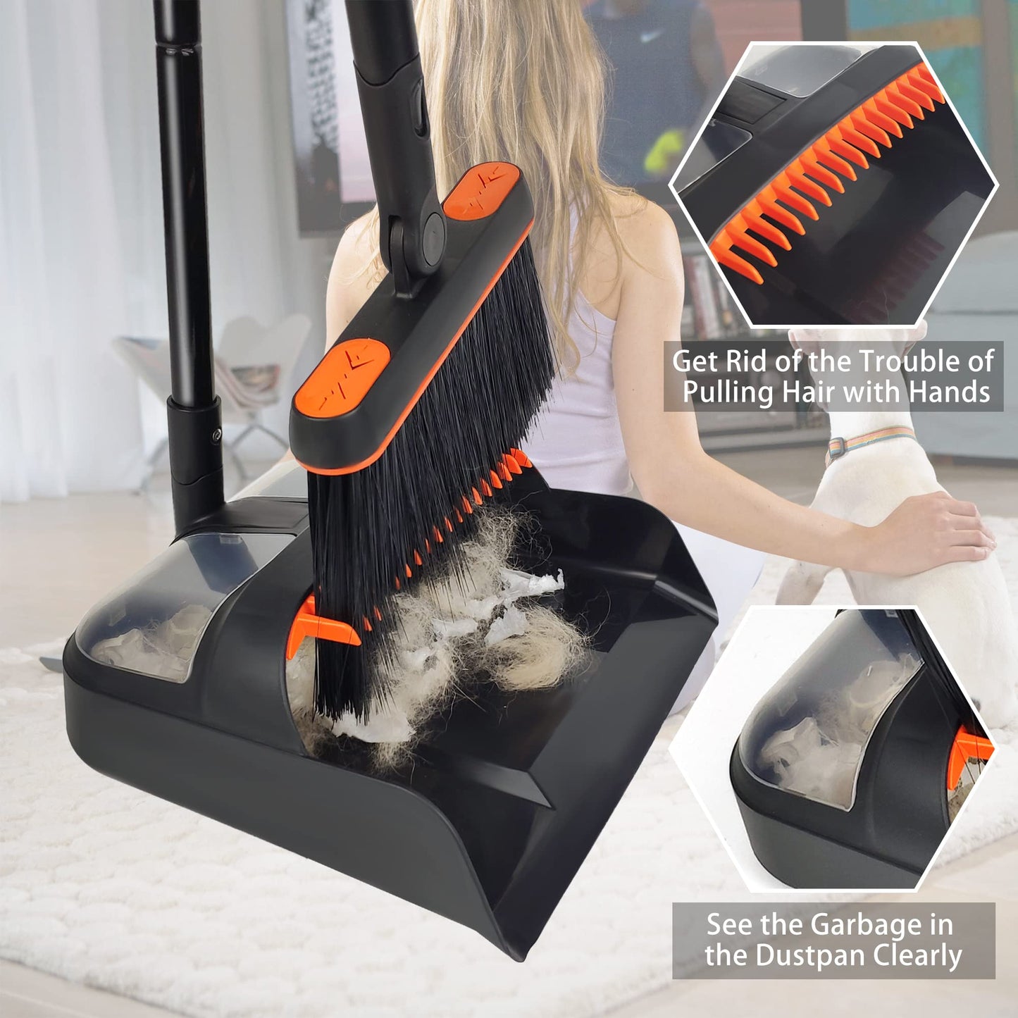 JEHONN Broom and Dustpan Set for Home, Long Handle Lightweight 180 Degree Rotating Broom Set Indoor, Upright Standing Dust Pan with Comb Teeth, Store Sweep Set for Room Kitchen Office Lobby