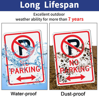 (4 Pack) No Parking Sign with Symbol with Arrows Sign, 10 x 7 Inches Reflective .40 Rust Free Aluminum, UV Protected, Weather Resistant, Waterproof, Durable Ink, Easy to Mount
