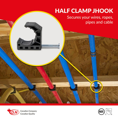 D.N. 100 Pieces Half Clamps J-Hook with Nail, J-Clamp for 3/4" Tubing Pipe Support J-Clips Tubing Fastener, Black Tube Talons (Contractors Bulk Pack of 100)