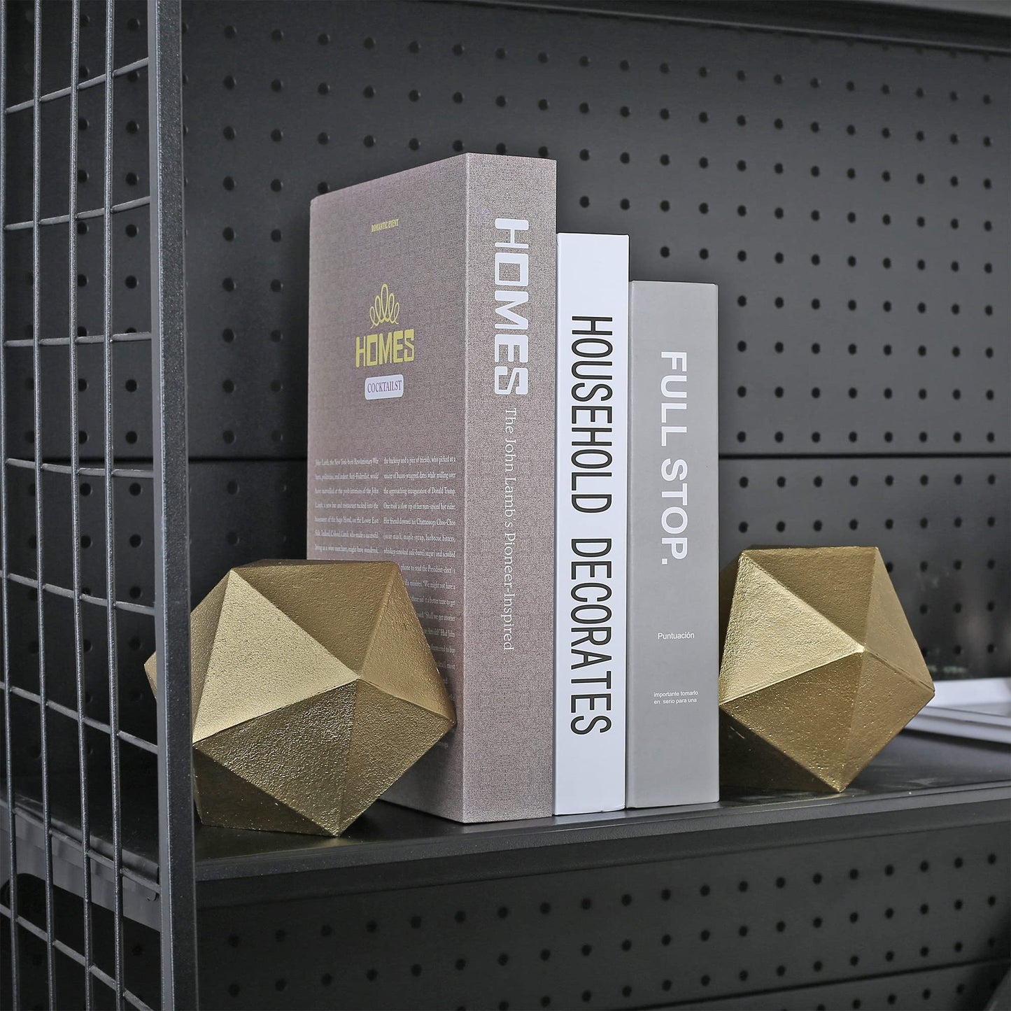 Ambipolar Geometric Shelf Décor Ball Shape Iron Cast Decorative Bookend for Lightweight Books Or Organizer, 2 Pack (Gold)