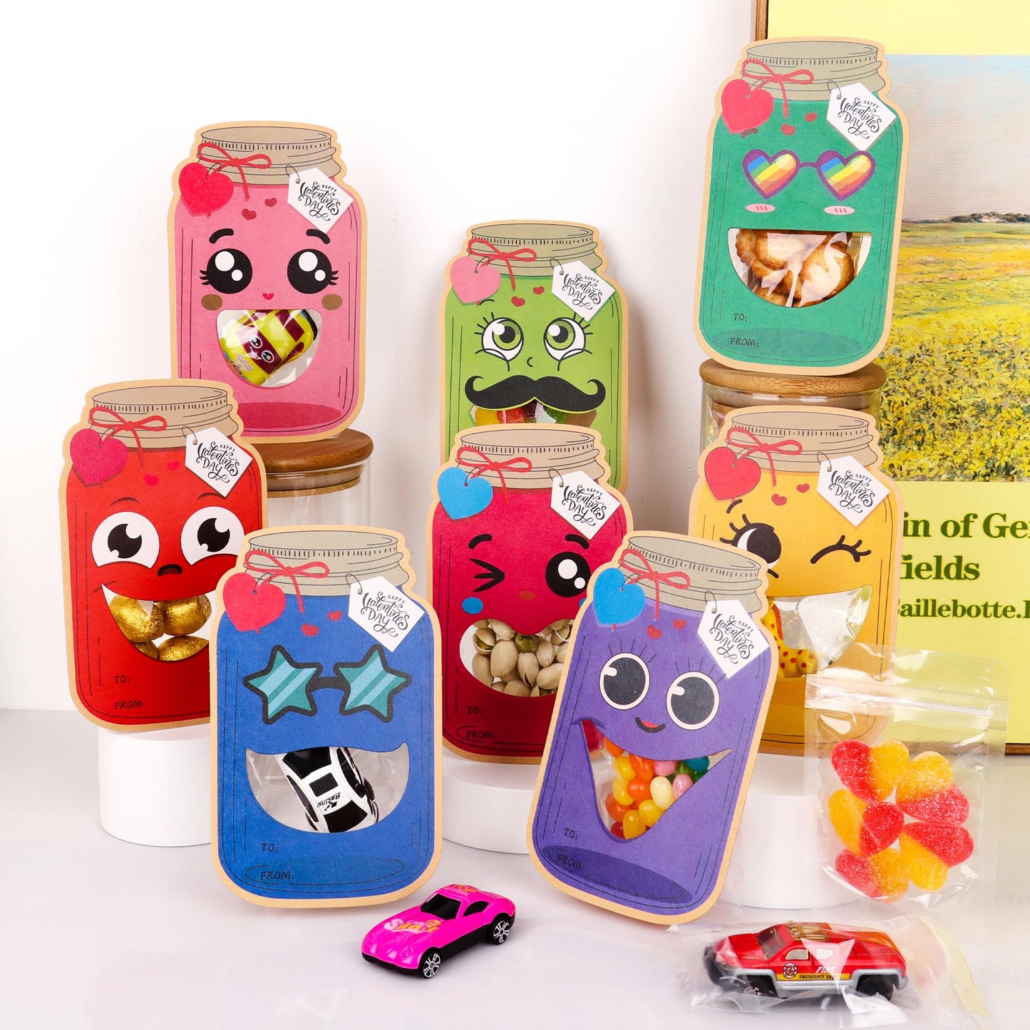 POPGIFTU Valentines Day Cards – 48 Pack Funny Face Mason Jar Valentine Cards with Treat Bags, Exchange Cards for Valentines Day (Candy Not Included)