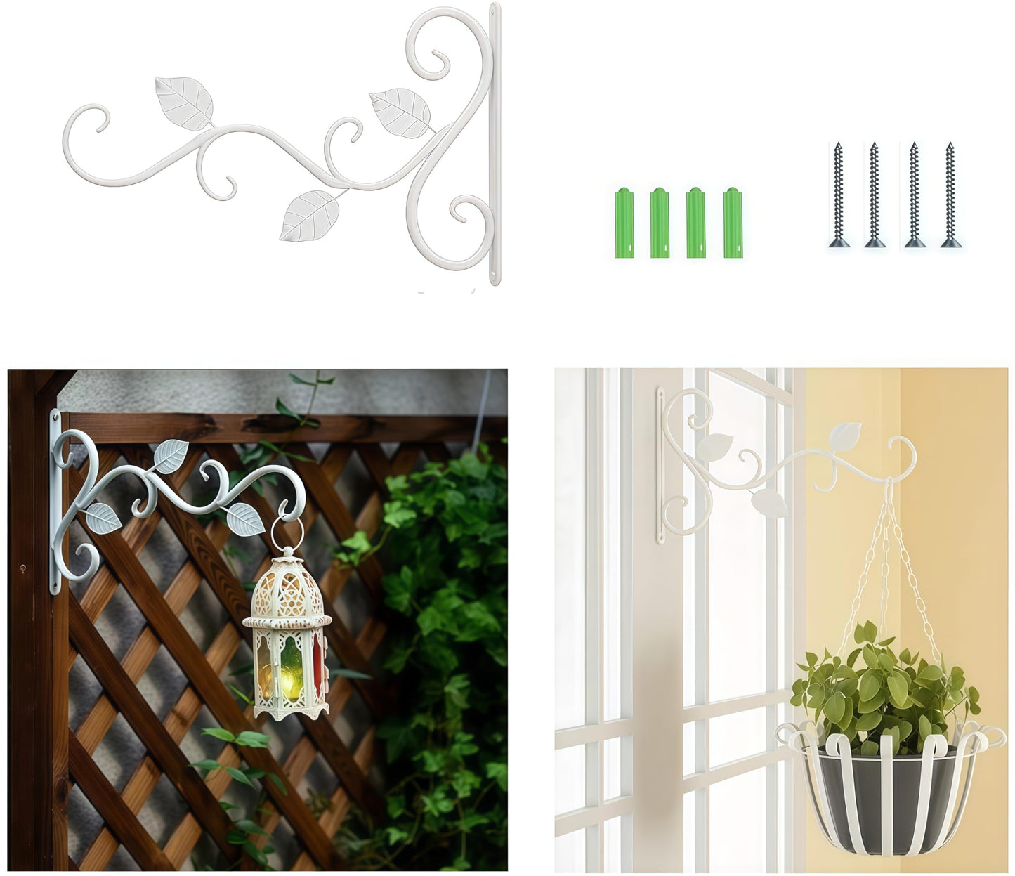 2 Pieces Hanging Plant Holder, Iron Wall Hooks for Flower Basket, Flower Hooks, Retro Garden Hooks for Hanging Baskets, Bird House, Lantern, Includes Screws and Expansion Screws(White(20 * 30cm))
