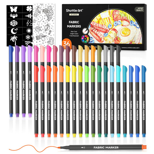 Shuttle Art 36 Colors Fabric Markers, Fabric Markers Permanent Markers for T-Shirts Clothes Sneakers Jeans with 11 Stencils 1 Fabric Sheet, Permanent Fabric Pens for Kids Adult Painting Writing