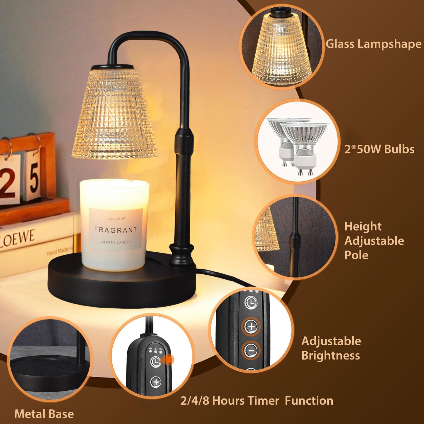 Couvkadl Candle Warmer Lamp with Timer, Dimmable Candle Warmer for Jar Candles, Height Adjustable Wax Melt Warmer, Birthday Gifts for Women Mom, House Warming Gifts New Home Decor