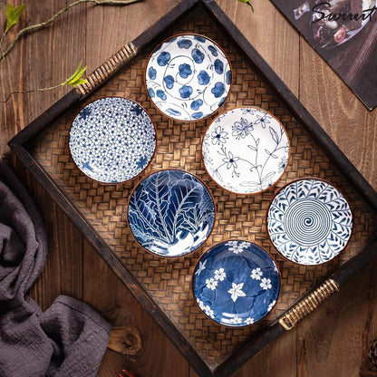 Swuut Japanese Style Ceramic Dipping Bowls,4'' Small Side Dishes Soy Sauce Dish for Sushi Dip,Snack,2.5 Oz Blue and White Pinch Bowl for Kitchen Prep - Set of 6 (4 inch)