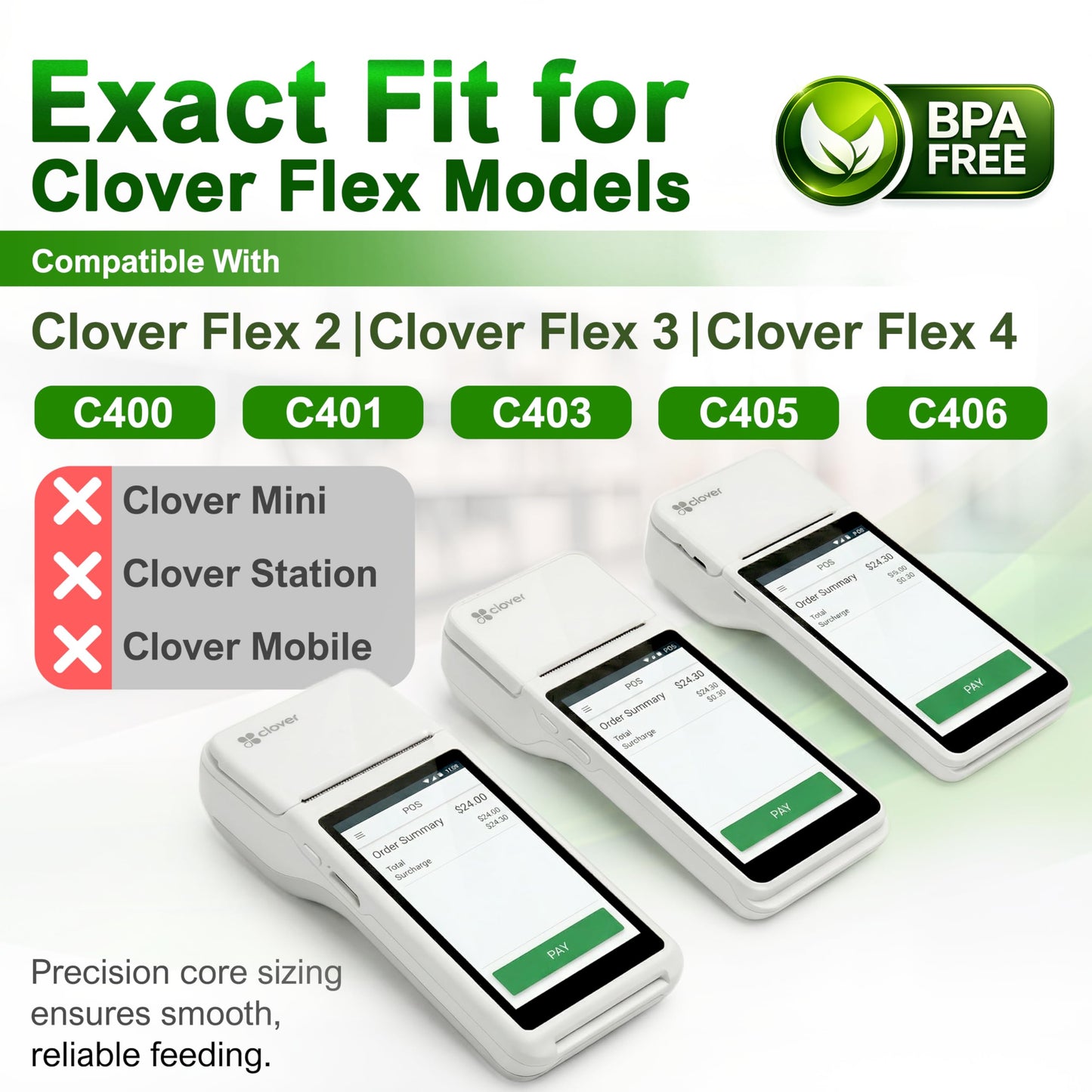 Vonlyst Clover Flex Paper Rolls 2 1/4" x 55’ Thermal Receipt Paper – 10 Rolls Pack - BPA Free POS Printer & Credit Card Machine Compatible C400 C401 C403 C405 C406