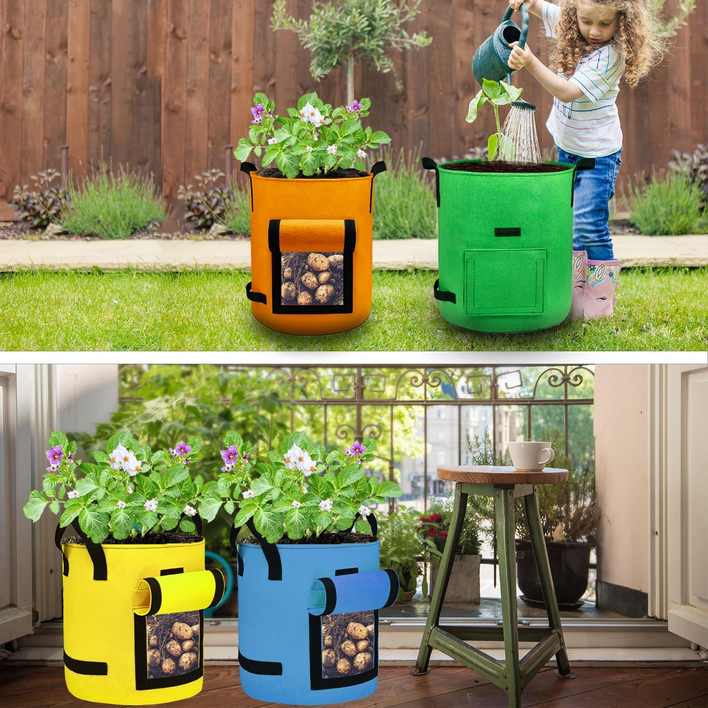 4Packs Colorful Potato Grow Bags, 10Gallon Heavy Duty Potato Bags for Growing Potatoes, Fabric Potato Planter, Non-Woven
