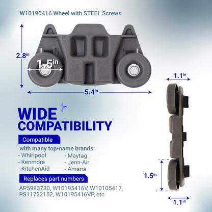 [UPGRADED] Ultra Durable W10195416 Lower Dishwasher Wheel Replacement by Blue Stars - Exact Fit for Whirlpool Kenmore Dishwasher- PACK OF 4 - Enhanced Durability with Steel Screws