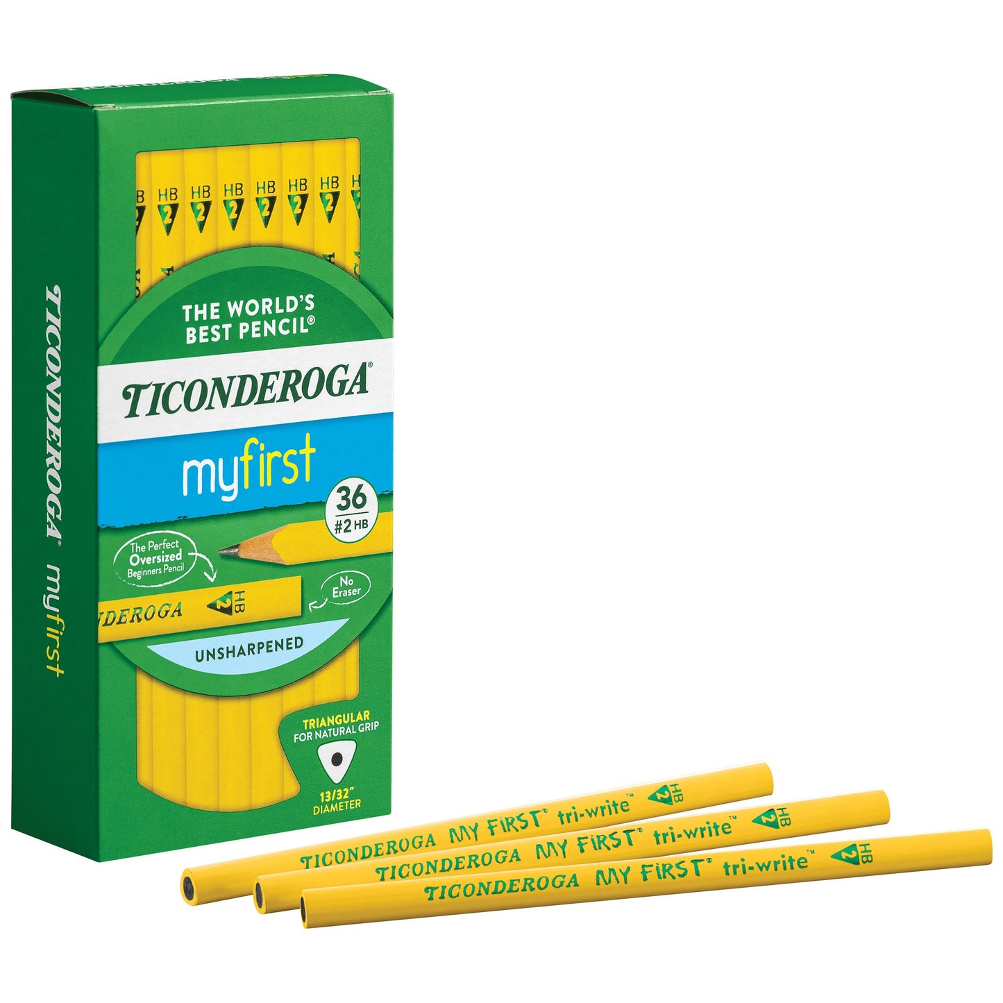 Ticonderoga My First Tri-Write Triangular Pencils, Primary Size, No:2 Soft Without Erasers, Wood-Cased, Black Writing, 36 Count (13084)