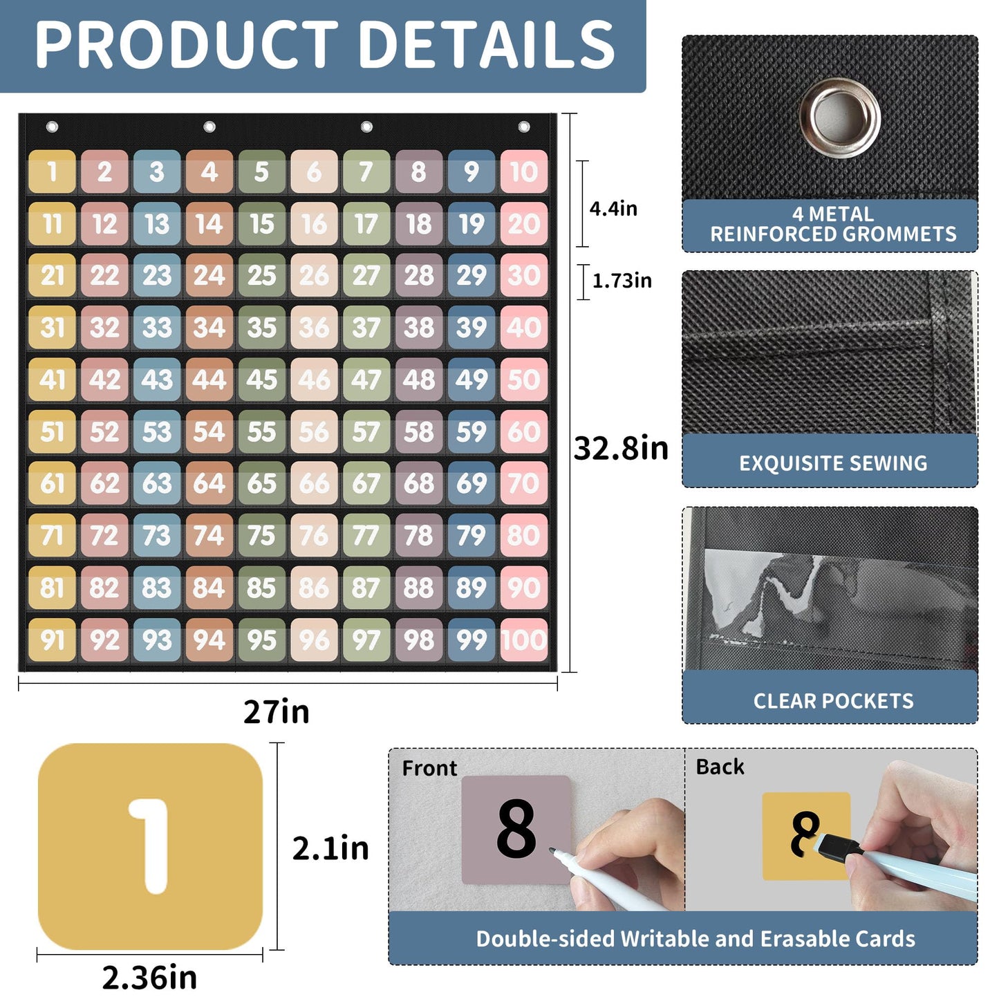 Yoink Boho Number Pockets Chart 1-100 with 120 Double-Sided Number Cards, Wall Mountable Hundred Chart for Classroom Teachers Home Counting and Organizer, Black