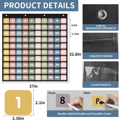 Yoink Boho Number Pockets Chart 1-100 with 120 Double-Sided Number Cards, Wall Mountable Hundred Chart for Classroom Teachers Home Counting and Organizer, Black