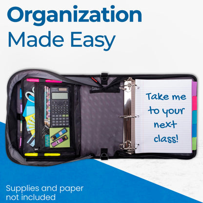 Case-it The King Sized Zip Tab Zipper Binder - 4 Inch D-Rings - 5 Subject File Folder - Multiple Pockets - 800 Sheet Capacity - Comes with Shoulder Strap - Jet Black D-186