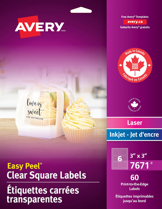 Avery Clear Square Labels, 3” x 3”, for Laser/Inkjet Printers, 60 Labels, 6UP, Edge-to-Edge Print, Permanent, (7671), Made in Canada