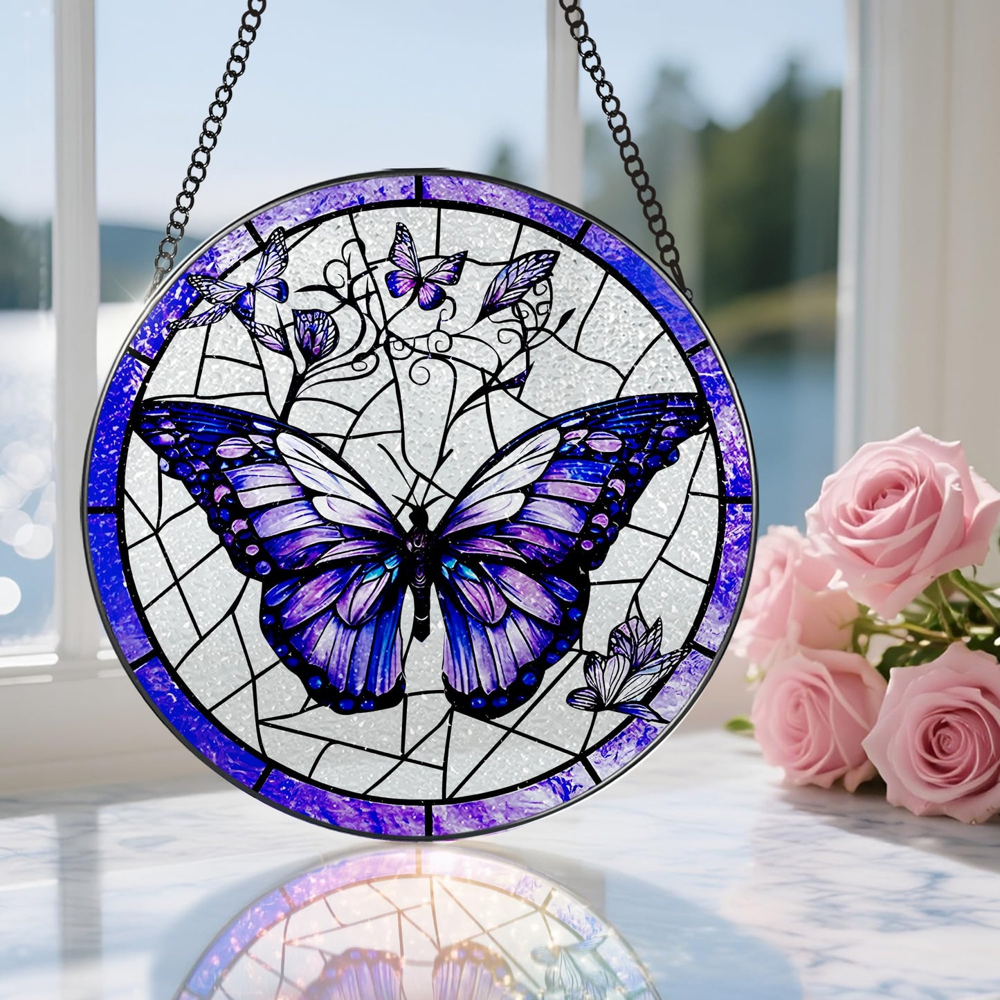 Stained Glass Window Hanging, 8 Inch Purple Butterfly Stained Glass Suncatcher, Butterfly Light Catcher, Window Hanging Decor, Gifts for Mother's Day, Christmas, Birthday, Gifts for Women Mom Grandma