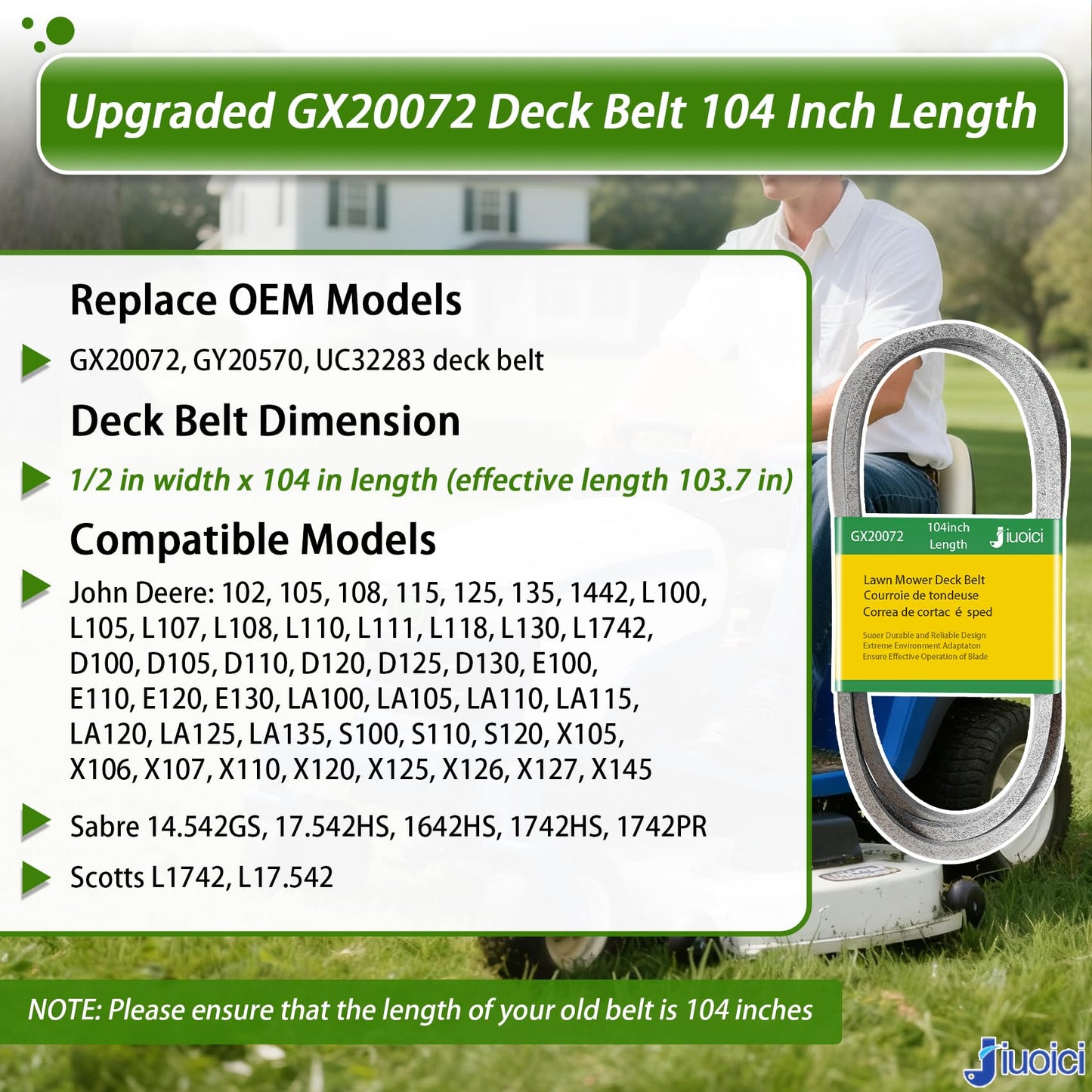 Upgraded for GX20072 John Deere 42 Inch Deck Belt, D105 D110 D130 S100 L110 L100 L111 LA105 LA115 LA125 S110 S130 E100 E110 L108 Lawn Mower, GY20570 V-Belt, Zero-Stretch, Extra Long Life /104 Inch