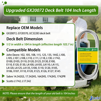 Upgraded for GX20072 John Deere 42 Inch Deck Belt, D105 D110 D130 S100 L110 L100 L111 LA105 LA115 LA125 S110 S130 E100 E110 L108 Lawn Mower, GY20570 V-Belt, Zero-Stretch, Extra Long Life /104 Inch