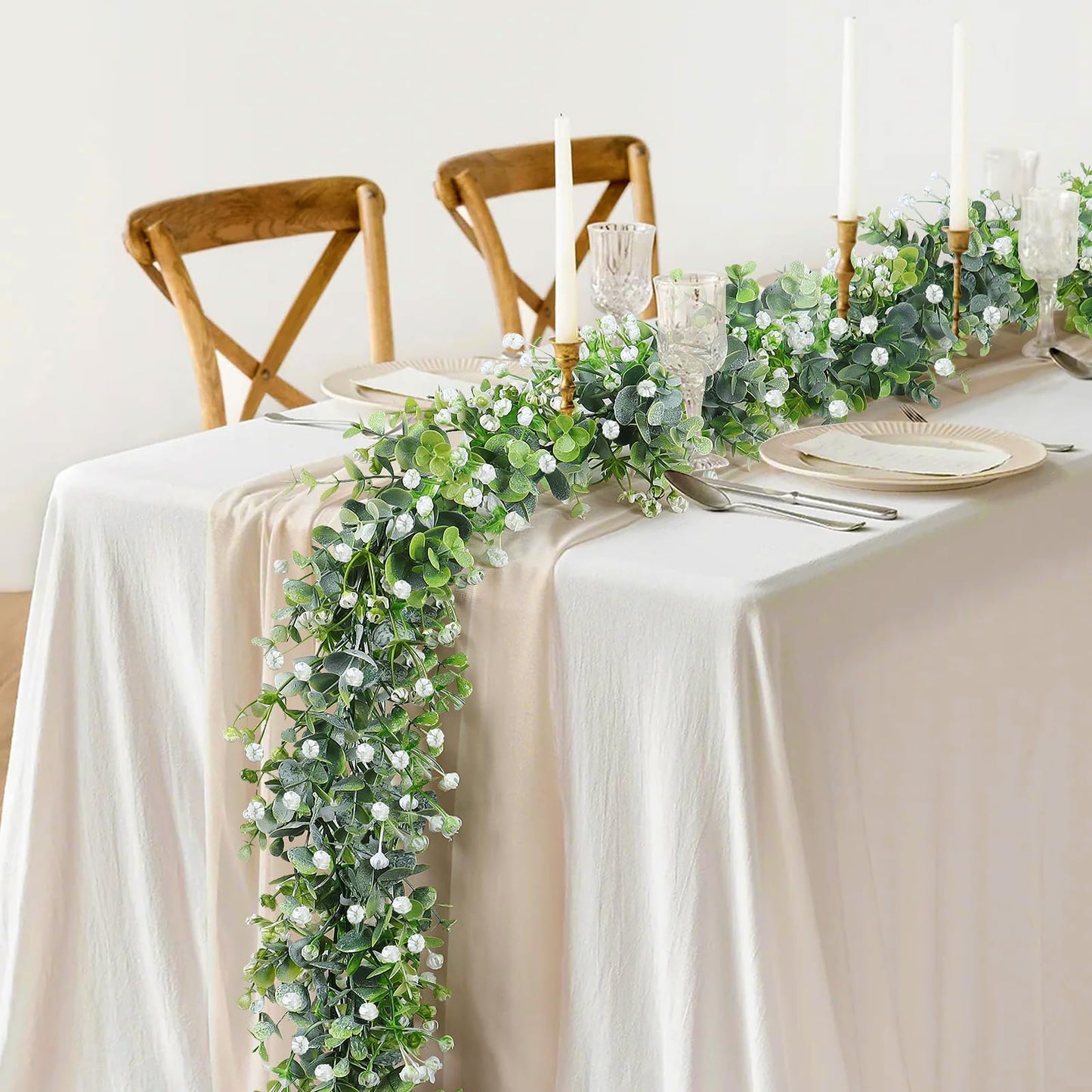 SOMYTING Artificial Eucalyptus Garland with White Flowers, 2 Packs 6Ft Artificial Greenery Garland Fake Hanging Flower Garland Plant Artificial Vines for Wedding Backdrop Arch Wall Table Decor