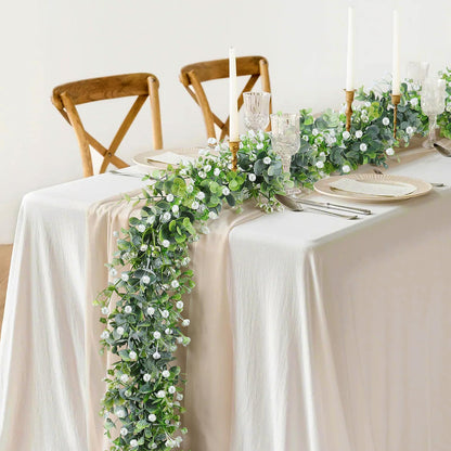 SOMYTING Artificial Eucalyptus Garland with White Flowers, 2 Packs 6Ft Artificial Greenery Garland Fake Hanging Flower Garland Plant Artificial Vines for Wedding Backdrop Arch Wall Table Decor