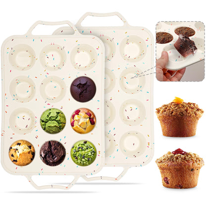 2 Pack Silicone Muffin Pans for Baking with Metal Reinforced Frame, Cupcake Pans Nonstick 12 Regular Size Cups, BPA Free Muffin Tin for Egg Bites Cake, Easy Pop Out & Dishwasher/Microwave/Freezer Safe
