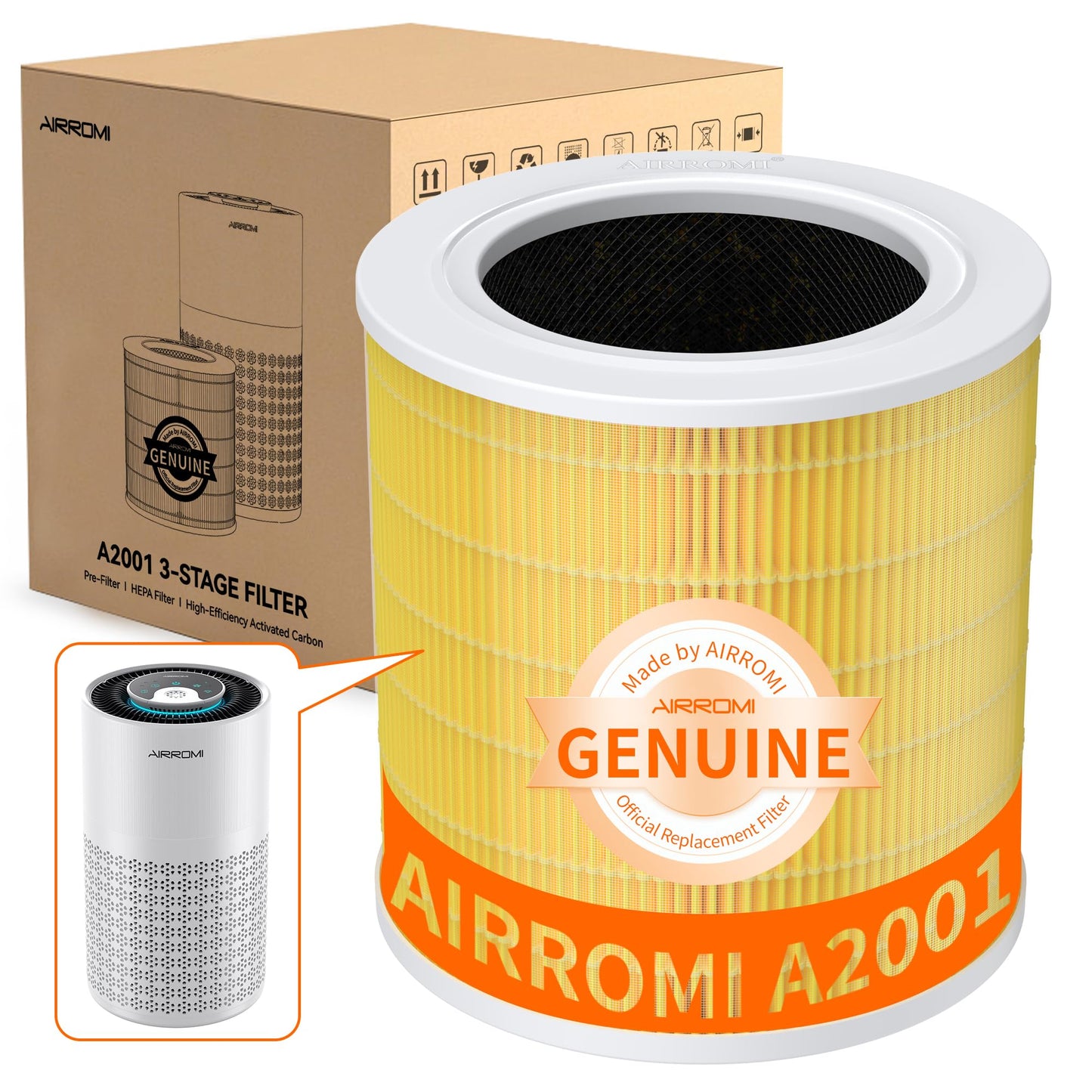 AIRROMI A2001 HEPA Air Purifier Replacement Filter: Original 3-in-1 Filter, Removes 99.97% of 0.3 Micron Particles, Yellow Activated Carbon Filter - Pets & Allergen Specific -1 Pack
